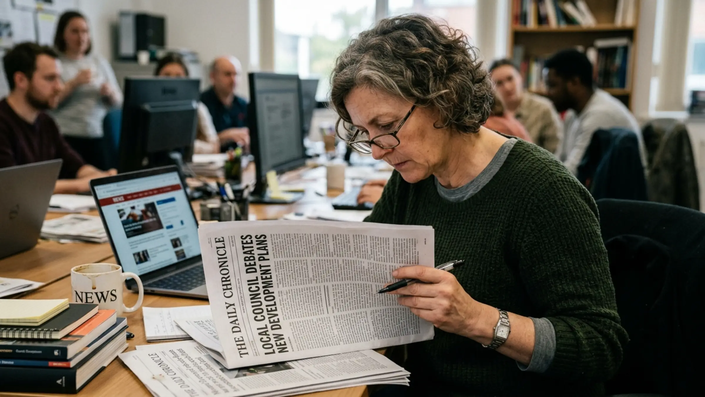 An editor reading a printed newspaper in a busy newsroom